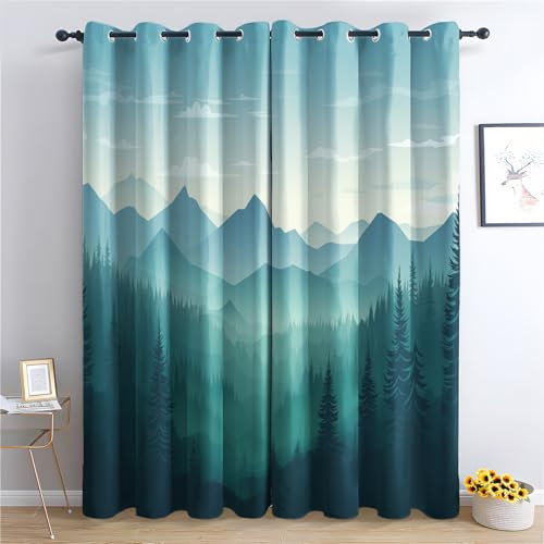 Luxfieo Berge Vorhänge Grüne Wald Farbverlauf Vorhang Blickdicht Gardinen 260 cm Lang Verdunklungsvorhänge mit Ösen Thermovorhang für Wohnzimmer Schlafzimmer Kinderzimmer Fenster Deko 2er Set W#170