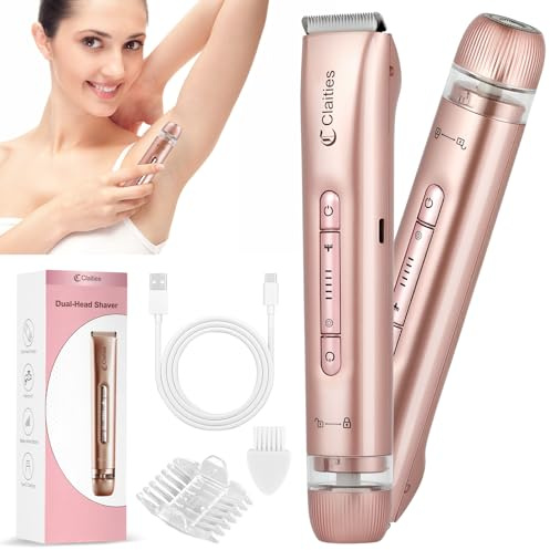 Maquinilla de afeitar eléctrica 2 en 1 para mujer, cabezal doble, recortadora de bikini para mujer, resistente al agua IPX7, para uso en húmedo y en seco, recortadora de vello corporal y depiladora
