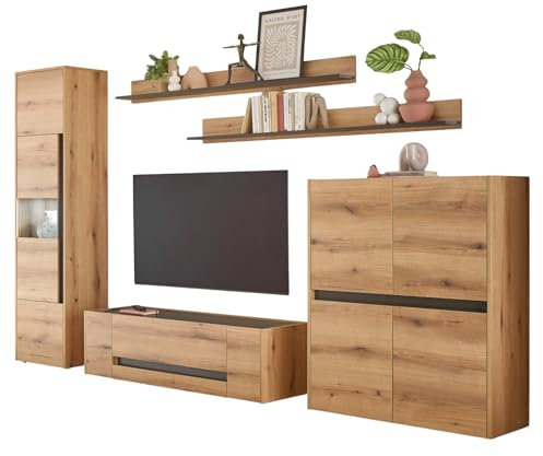 Furn.Design Wohnwand in Evoke Eiche und grau Wohnkombination Set 5-teilig 350 cm, Center