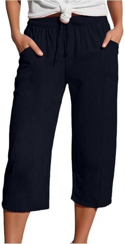 Yolimok Womens Cropped Trousers Elasticated High Waist Relax Fit Cotton Linen Ladies 3/4 Length Straight Wide Leg Trousers Casual Everyday Soft Lightweight Plain Three Quarter Pants Dark Blue