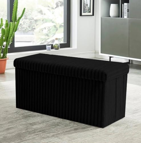Artistic Fashionista Limited Ottoman Ribbed Storage Box Foldable Footstool Footrest Seat Storage Stool Toys Box Chest Bench Blanket Linen Laundry Box (Black, Large - 76x35cm)