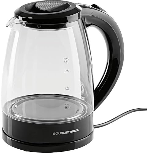 GOURMETmaxx Glas-Wasserkocher 1,8 L mit Blue Vision LED, Schwarz, 1800 W, Kalkfilter, kabellos, automatische Abschaltung, Wasserstandsanzeige, TÜV & GS geprüft, BPA-frei