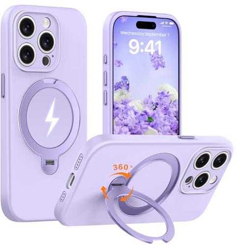 AurySharled für iPhone 15 Pro Max Hülle mit 360° Drehbarer Magnetischer Ständer [Upgraded Kameraschutz] Mil-Grade Drop Shockproof stoßfeste Anti-Scratch Liquid Silicone Hülle (Helllila)