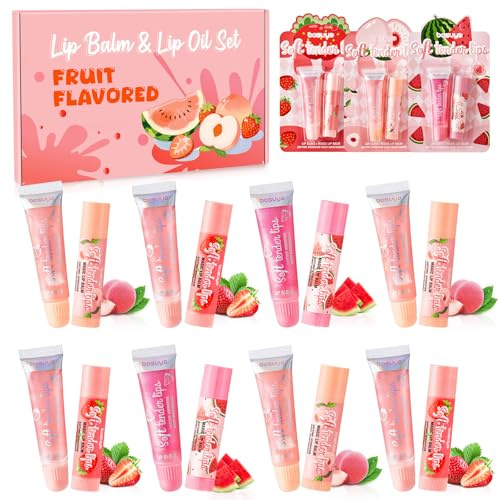 Lippenbalsam und Lipgloss Set, 8 Lippenbalsam + 8 Lipgloss, Fruchtig Lippenpflege Set für Trockene und Rissige Lippen, Lippenpflegestifte Kleine Geschenke für Frauen Mädchen Weihnachten Geburtstag