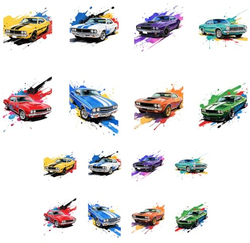 ANATTASOUL 16Pcs Bügelbilder für Textilien Amerikanisches Muscle-Car mit Spritzfarbe Bügelbilder Erwachsene 6.5 x 8 CM/18 x 22 CM Schnell & Einfach DIY Sticker zum Aufbügeln für Kleidung, Hosen