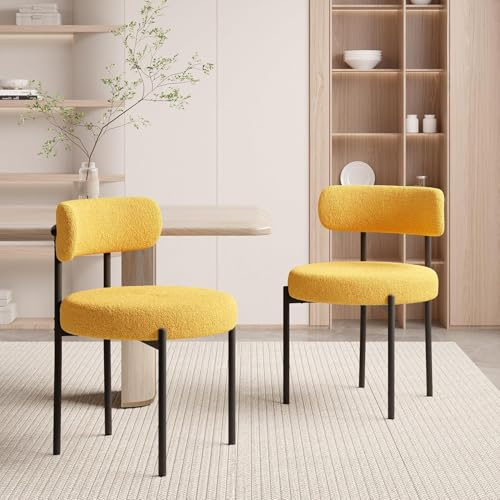 Hawthyhome Esszimmerstühle 2er Set Teddy Stoff Gepolstert Stuhl Gelb | Runde Boucle Esszimmerstuhl,Mid-Century Stühle Esszimmer mit Metallbeinen und Rückenlehne für Esszimmer,Wohnzimmer, Büro