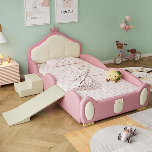 LANTRO JS Kinderbett 90x200 Prinzessin Bett, Jugendbett Holz mit Crown Kopfteil, Kleiner Rutsche und Treppe und LED Streifen, PU Polsterbett, Bettgestell aus Holz, ohne Matratze, Rosa und Beige