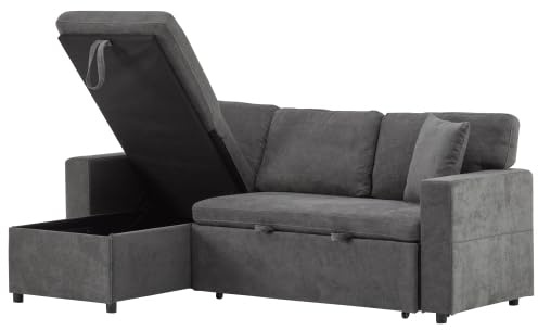 L-Form Schlafsofa Ecksofa Ausziehbar mit Schlaffunktion, Bettkasten & Regal, Dunkelgrau – Platzsparendes Sofa für kleine Wohnungen & Jugendzimmer, bis zu 4 Sitzplätze, Stauraum und USB-Anschluss