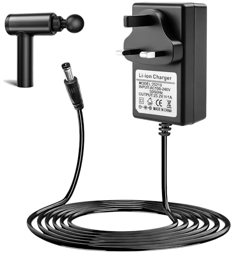 25.2V 1A Universal Massage Gun Charger Adapter Replacement Power Supply Cable with LED Indicator Wide Voltage Adaptability Charging 100V~240V AC to DC for Electric Massagers 1m UK Plug