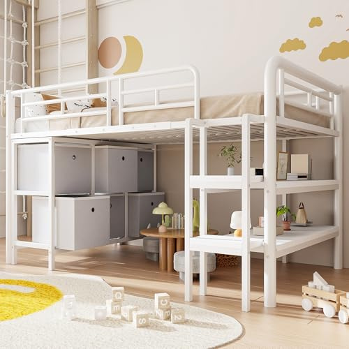 Mrwoo Etagenbett Hochbett 90x200cm, Kinderbett mit Schublade und Offenem Stauraum, Rausfallschutz Geländer und Treppe, Metall, für Geeignet Kinder und Jugendliche (Ohne Matratze) (White)