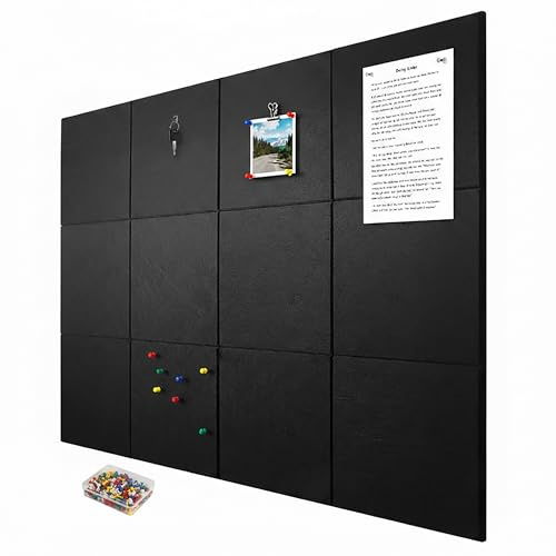 Relaxdays Filzpinnwand, 12 Stück, Selbstklebende Quadrate aus Filz, schwarz | HBT 30x30x0,9 cm, Filzwand inkl. Pinnnadeln