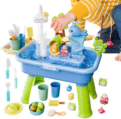 Mesa de agua para niños,Set de Juego Sensorial de Actividades - Fregadero de Juego 4 en 1 con Agua Corriente y Bomba,Para niños y niñas de 4 a 8 años de edad, para cumpleaños, verano, aire libre y en