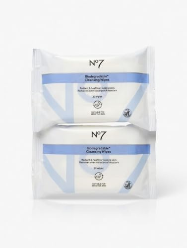 No 7 Biodegradable Facial Cleansing Wipes, 30 Wipes Each, Removes Waterproof Mascara, Sensitive Skin Friendly, Pack of 2, Travel Friendly