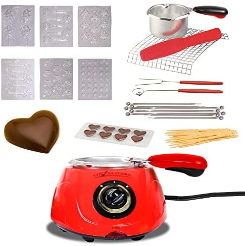 Total Chef Chocolate Melting Pot 8.8 oz (250 g) Fondue Set Electric Chocolate Melter DIY Candy Maker with 32-Piece Accessory Kit for Romantic Dinner Sleepover Birthday Party Red