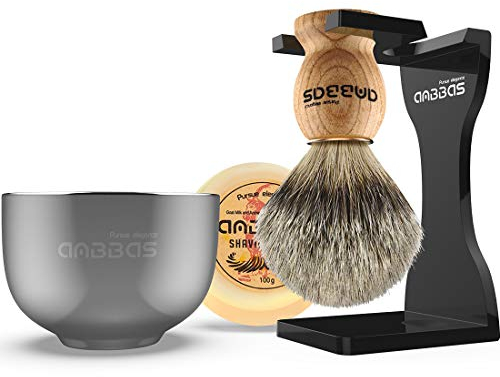 Anbbas 4 en 1 Kit de Blaireau Rasage avec la Poignée en Bois de Fraxinus Mandschurica et Bol de rasage en Acier Inoxydable et Savon et support de Rasage