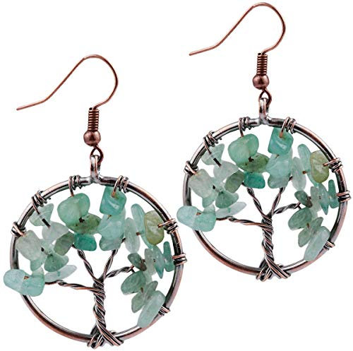 KYEYGWO Arbre de Vie Boucles d'Oreilles Pendantes pour Femme, Chakra Pendants d'Oreilles en Pierre de Cristal 3.6-4, Aventurine Verte
