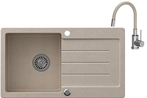 VBChome Fregadero de granito beige 77 x 44 cm – Fregadero individual moteado reversible – Fregadero con sifón y grifería – Fregadero de cocina compuesto