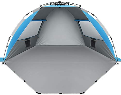 Oileus X-Large 4 Personen Strandzelt Sonnenschutz,Tragbares Sonnenschutz Instant Zelt für Strand mit Tragetasche, Heringen, 6 Sandtaschen, Anti-UV für Angeln, Wandern, Camping, Winddicht, Blau