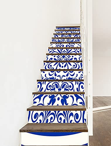 A.Monamour 13 Pezzi Adesivi per Scale Alzate Gradini Autoadesiva 3D Maiolica Piastrella Ceramica Blu E Bianca Azulejo Portoghese E Spagna Vinile PVC Adesivo Pellicola Scala Scalini Poster Stickers