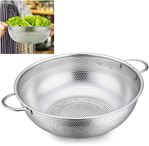 Sieb 28cm, Joyfair Edelstahl Großes Nudelsieb Küchensieb mit Griffen, Mikroperforiertes Abtropfsieb Seiher zum Ablaufen & Spülen von Gemüse/Nudeln/Obst/Reis, Spülmaschinenfest