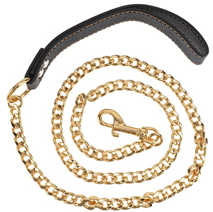 iplusmile Hundeleine Golden Metal, Goldenes Edelstahl Kettenhalsband, Goldkettenleine für große, Hunde Leine Chain mit Ledergriff Haustierleinenkette