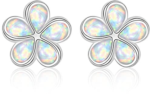 Silver Stud Earrings for Women Girls, Hypoallergenic 925 Sterling Silver Flower Earrings | Fashion Simulated White Opal Earring for Ladies Mum Daughter Birthday Mothers Day Jewellery Gifts