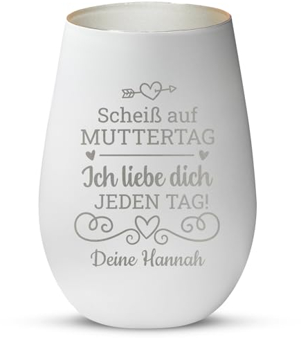 Love Faith Scheiß auf Muttertag Windlicht Weiß/Silber - Personalisiertes Windlicht für Teelichter mit Namen-Gravur - Geschenk zum Muttertag