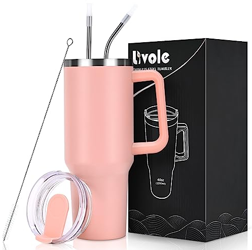 Livole 40oz 1200ml Trinkbecher mit Deckel und Strohhalm, Edelstahl Thermobecher mit Henkel, Doppelwandig Kaffeebecher to go, Vakuum Isolierter Tumbler Becher für Camping, Sport, Auto, Büro, Hellrosa