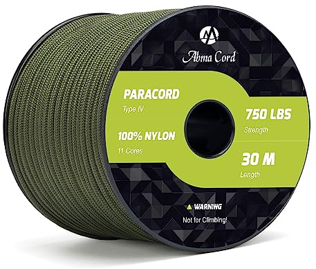 Abma Cord Paracord 750lb 4mm 30M 100% Nylon Seil 11 Kern Typ IV Schnur für Basteln, Camping, Survival, Outdoor - Max. 340kg - Armee Grün
