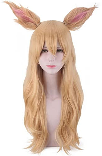 Anime KDA Ahri Cosplay Wig Long Wavy Halloween Costume Party Blonde Synthetic Hair + Ears +Wig Cap