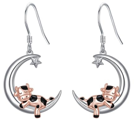 Kuh-Ohrringe Sterlingsilber Kuh-Mond baumelnde Ohrringe süße Kuh-Tier-Weihnachtsschmuck Geschenke für Frauen und Mädchen