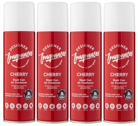 Designer Fragrances 4 Pack Classic Cherry Air Freshener Blast Cans - For Home & Vehicles – Natural Oils, Luxury Lasting Smell, Dry Mist Quick Release Spray – Deodorise & Neutralise Odours – 300ml