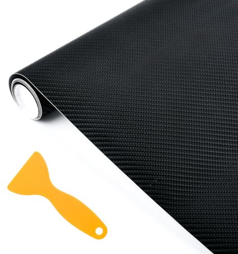 HUMOKI Carbon Fibre Vinyl Wrap, Matte Black Car Wrap with Plastic Scrapers, Self-Adhesive Car Vinyl Wrap, Textured 4D Effect, Waterproof Wrap Roll without Bubble, for Cars Motorcycles - 150x30cm