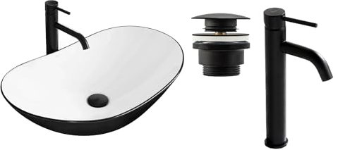 GTM Design Aufsatzwaschbecken Set mit Waschtischbatterie und Stopfen - Aufsatzwaschbecken Oval für Badezimmer - Modern Waschbecken ohne Hahnloch - Waschbecken mit Armature - Modell 3