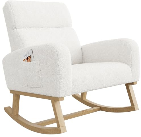 Lazyspace Schaukelstuhl Sessel Relaxsessel Schwingsessel Wohnzimmersessel, Holzsockel Schaukelsessel Mit geräuschlosem Anti Rutsch Aufkleber, 2 Seitentaschen, Lammwolle, Weißer, 78 x 69 x 87 cm