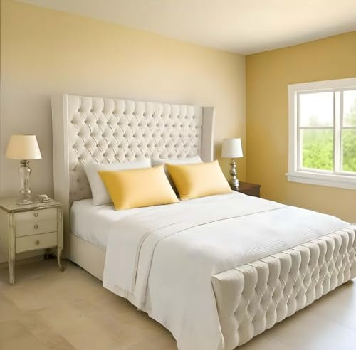 Deep Comfort Cream Plush Sleigh Double Bed Frame with Mattress Included Spring Memory Foam | Peaceful Double Bed with 48 Chesterfield Wingback Headboard & 20 Footboard | No Storage