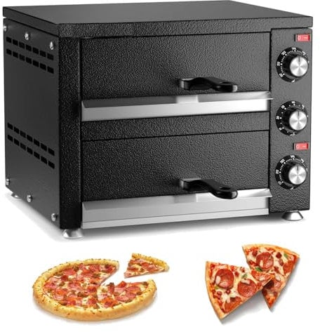AXGCAA Commercial Pizza Oven, Stainless Steel Double Decker Pizza Maker with Timer, 4 Upper and Lower Heating Tubes, Countertop Electric Pizza Oven with Handle, Adjustable Temperature for Home Hotel