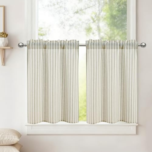 DWCN Kitchen Curtains 24 Inch Drop, W26 x L24, Green Stripes, 2 Panels