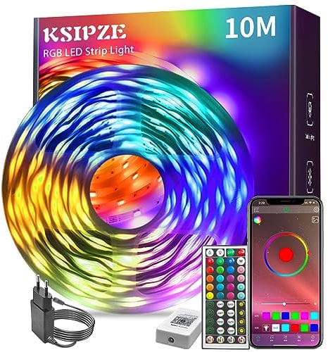 KSIPZE Led Streifen 10m RGB LED Strip mit Fernbedienung Bluetooth App, Dimmbar Farbwechsel led Lichterkette Lichtband Musik Sync, Selbstklebend Leds Kette Leiste band Beleuchtung für Zimmer Partei