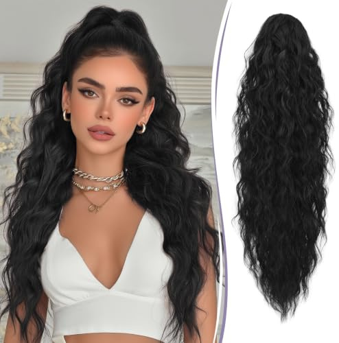RUWISS Pferdeschwanz mit Klammer 76 cm Lange Wellig Lockig Pferdeschwanz Haarteil Synthetik Gewellt Claw Clip in Ponytail Extension für Damen, Schwarz