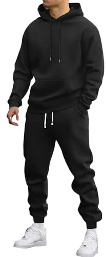 Completo da jogging da uomo, tuta uomo in pile con cappuccio, 2 pezzi, felpa con cappuccio e zip calda e pantaloni della tuta, completo sportivo, nero, taglia M