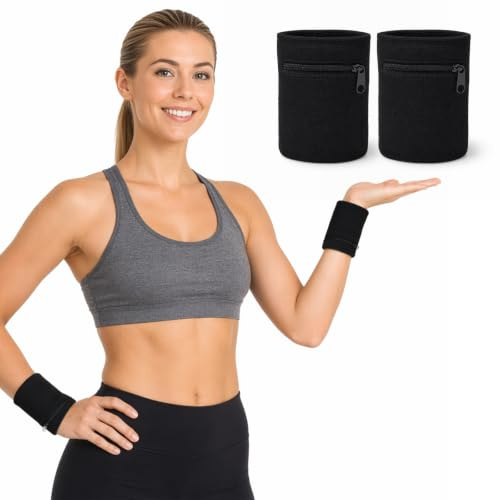 2 Stück Schweissband mit Reissverschluss, Sport Handgelenktasche Baumwolle Schweissbaender Armband mit Reissverschlusstasche Fuer Schluessel, Laufen, Fitness, Tennis, Basketball (Schwarz)