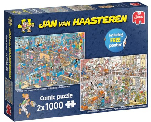 Jan Van Haasteren DIY Shop & Renovierungsprojekt – 2 x 1000 Teile Erwachsenenpuzzle & Comic-Puzzle – Set mit 2 großen Puzzles für Erwachsene – 100% recycelter Karton, 1000 Teile Puzzle & Poster – 68 x