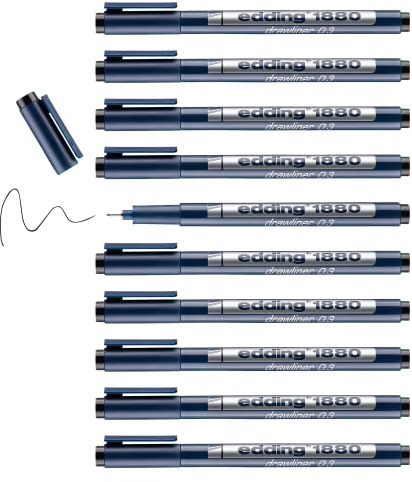 edding 1880 profipen - black - 10 pens - line width 0.35 mm - fineliner pen for precise writing, sketching and technical drawing - fine, metal-encased nib - suitable for use with rulers and stencils
