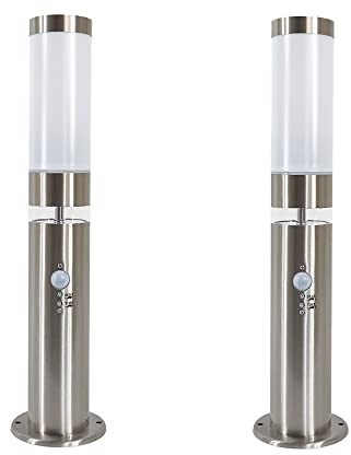Dapo® 2x LED-Edelstahl-Außen-Sockel-Wege-Leuchte LISA H: 50 cm, D: 7,6 cm, Kunststoffglas, Bewegungsmelder, Hauptlicht E27, max. 40W, Grundlichtring 12 LEDs fest eingebaut, Dämmerungssensor, IP44