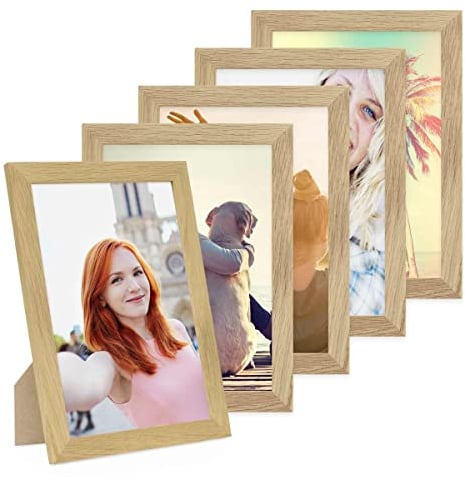 PHOTOLINI Bilderrahmen A4 Holz Eiche Set, 5er Set breite DIN A4 Bilderrahmen Holz 21x30, bruchsicheres Acrylglas, picture frame zum Aufhängen & Aufstellen, Bilder Rahmen 30x21 mit Zubehör