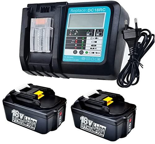 GOLEMON® 2X 18V 5,0 Ah BL1850B Akku mit Ladegerät Ersetzen für Makita BL1850 BL1860 BL1840B BL1815 Werkzeugakku; für Makita DC18RD DC18SC Ladegerät