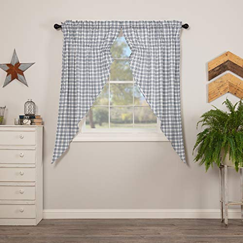 VHC Brands Farmhouse Gardinen Fenstergardinen Vorhänge Miller Farm Charcoal Plaid Stange Pocket Cotton Drawstring Tie Prairie Panel Pair Blue Denim