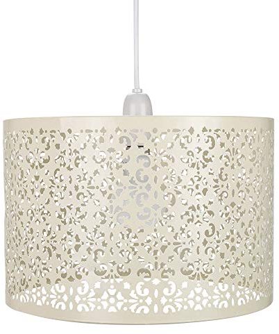 Unique Moroccan Designed Cotswold Cream Metal Circular Pendant Light Shade with Floral Decor, 29cm Diameter and Maximum 60watt Bulb Allowed by Happy Homewares