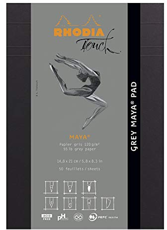 Rhodia 116106C - Notizblock Grey Maya Pad, kopfseitig geheftet , A5 (14,8x21 cm), 50 Blatt mikroperforiert, blanko, Clairefontaine Papier Maya grau 120g, Schwarz, 1 Stück